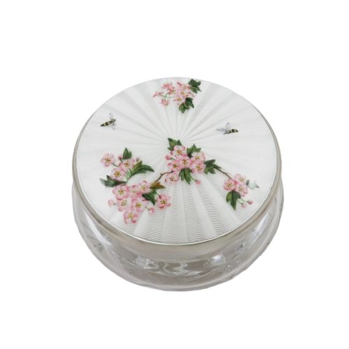 Antique Sterling Silver & Enamel Top Jar with Blossom & Bees