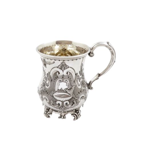 Antique Victorian Sterling Silver 'Birds' Christening Mug 1860