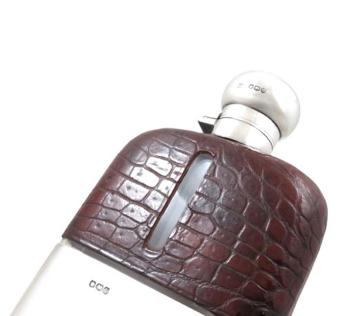 ANTIQUE STERLING SILVER CROCODILE LEATHER 5 HIP FLASK 1929 - ADDITIONAL PHOTO 8
