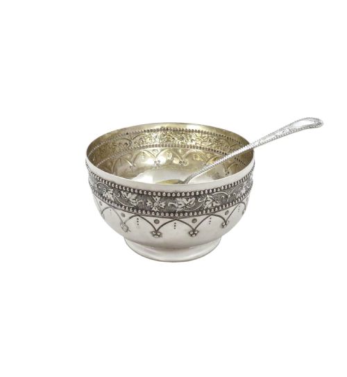 fig 1. Antique Victorian Sterling Silver Sugar Bowl & Spoon in Case 1873
