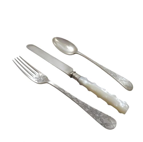 fig 1. Antique Victorian Sterling Silver 3 Piece Christening Set in Case 1896