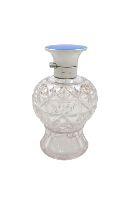 ANTIQUE STERLING SILVER BLUE ENAMEL CUT GLASS SCENT PERFUME BOTTLE 1930 - ADDITIONAL PHOTO 2