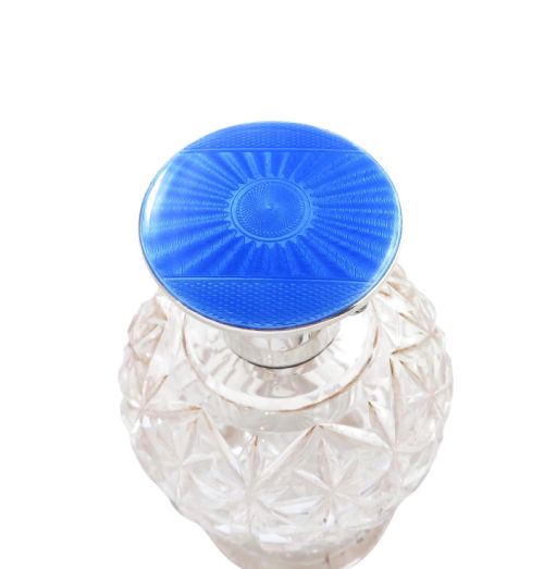 ANTIQUE STERLING SILVER BLUE ENAMEL CUT GLASS SCENT PERFUME BOTTLE 1930 - ADDITIONAL PHOTO 3
