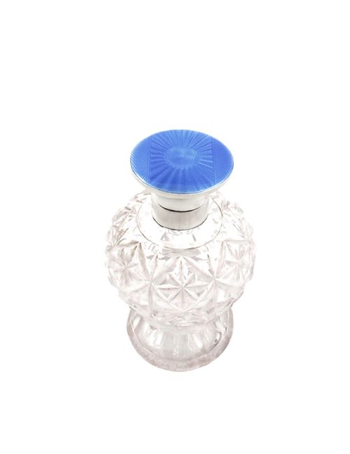 ANTIQUE STERLING SILVER BLUE ENAMEL CUT GLASS SCENT PERFUME BOTTLE 1930 - ADDITIONAL PHOTO 5