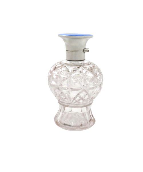 ANTIQUE STERLING SILVER BLUE ENAMEL CUT GLASS SCENT PERFUME BOTTLE 1930 - ADDITIONAL PHOTO 7