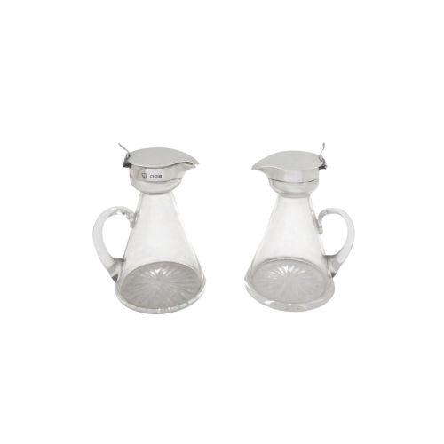 PAIR OF ANTIQUE STERLING SILVER GLASS WHISKY JUGS NOGGINS 1924