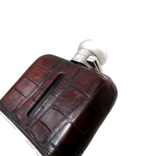 ANTIQUE VICTORIAN STERLING SILVER CROCODILE LEATHER 6 HIP FLASK 1899 - ADDITIONAL PHOTO 4