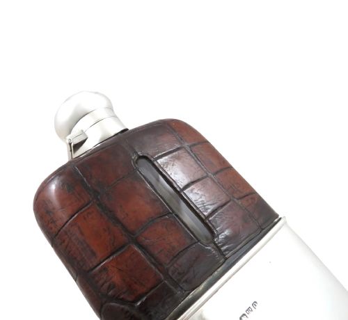 ANTIQUE VICTORIAN STERLING SILVER CROCODILE LEATHER 6 HIP FLASK 1899 - ADDITIONAL PHOTO 7