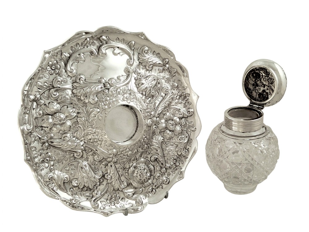Antique Victorian Sterling Silver & Cut Glass Inkwell on Stand 1889 View II