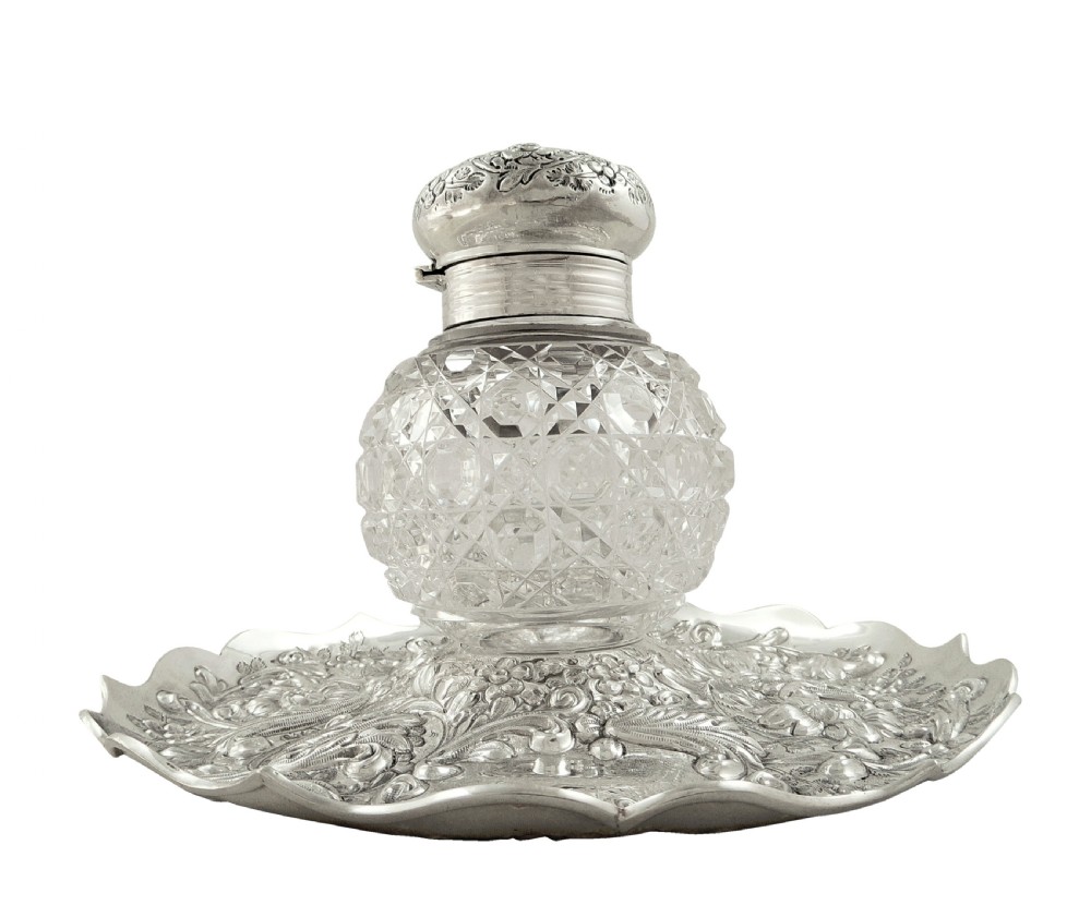 Antique Victorian Sterling Silver & Cut Glass Inkwell on Stand 1889 View IV