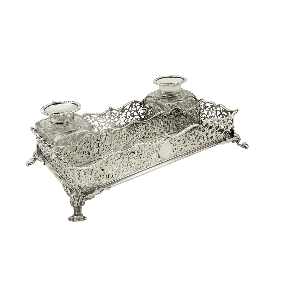 Antique Early Victorian Sterling Silver Double Inkstand 1848