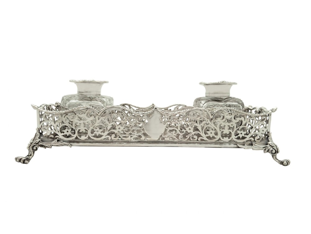 Antique Early Victorian Sterling Silver Double Inkstand 1848 View IV