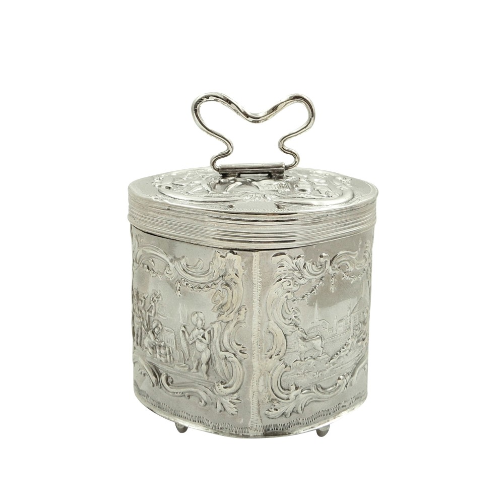 Antique Edwardian Sterling Silver Caddy with Scenes 1903