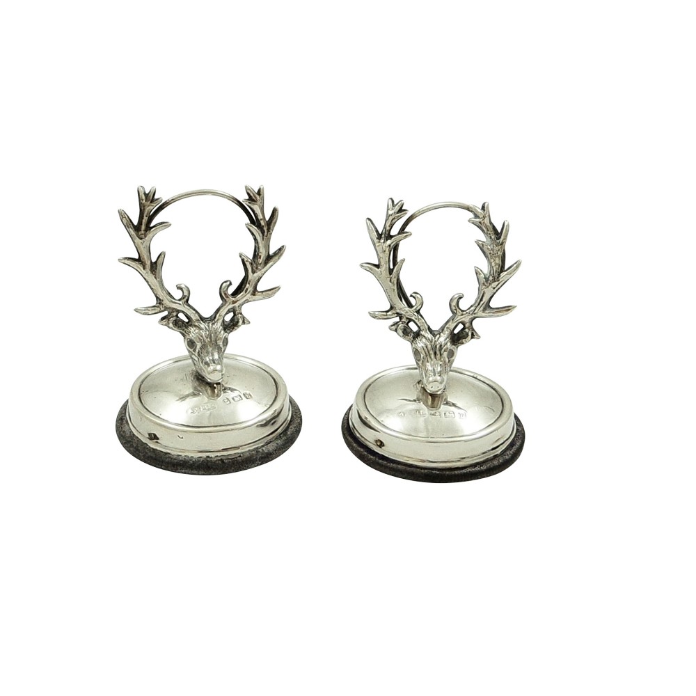 Pair of Antique Edwardian Sterling Silver Stag Head Menu Holders 1907