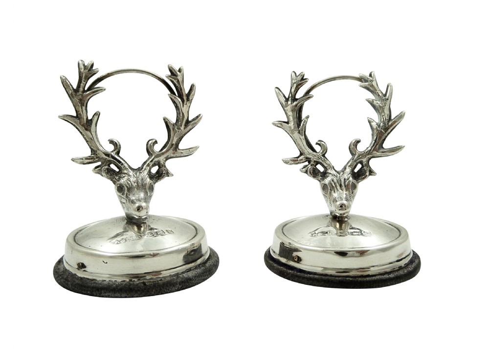 Pair of Antique Edwardian Sterling Silver Stag Head Menu Holders 1907 View VIII