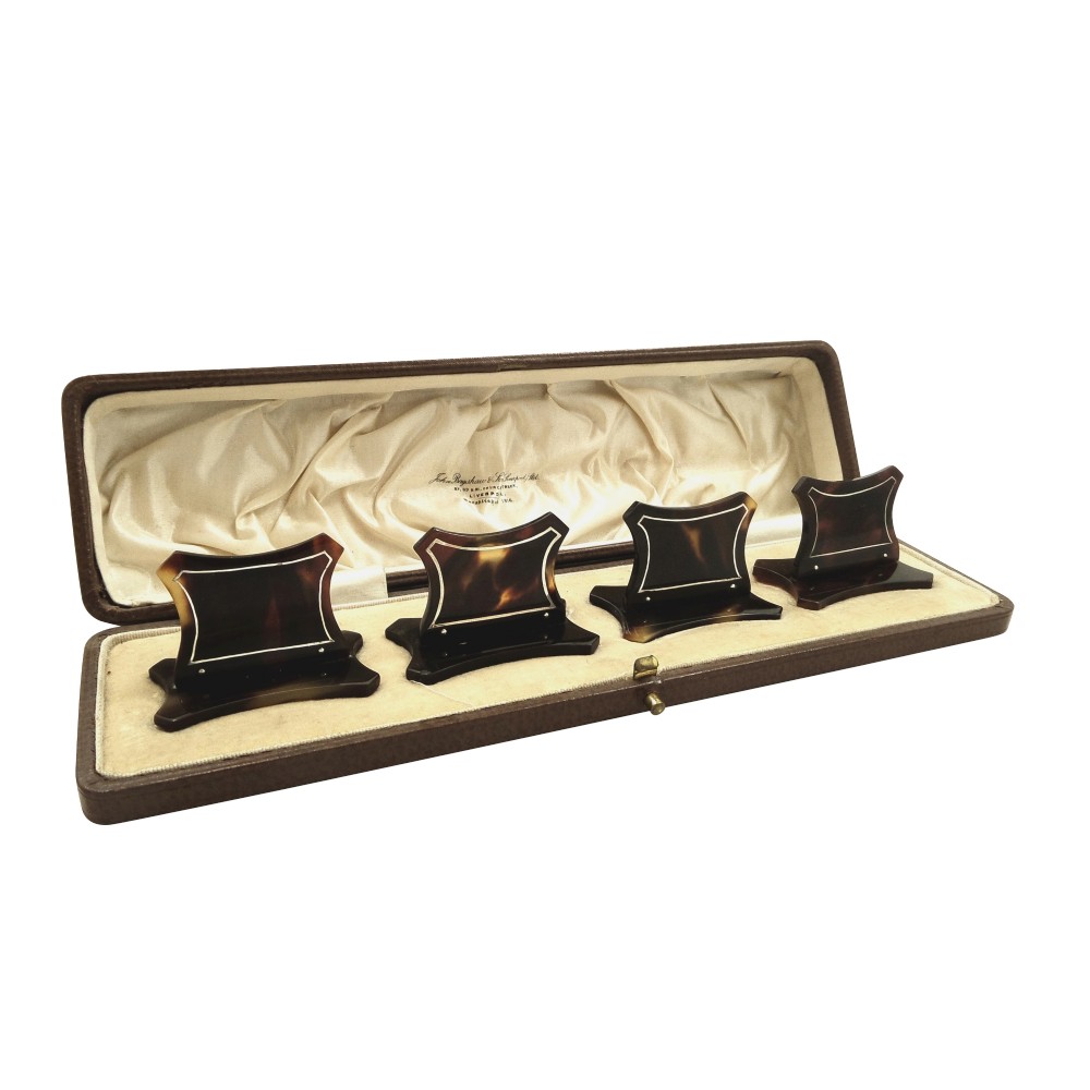 Set of 4 Antique Tortoiseshell with Silver Inlay Menu Holders in Presentation Case c1930