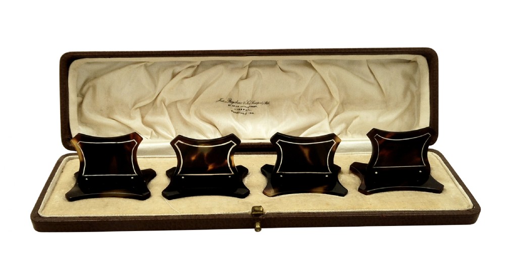 Set of 4 Antique Tortoiseshell with Silver Inlay Menu Holders in Presentation Case c1930 View X