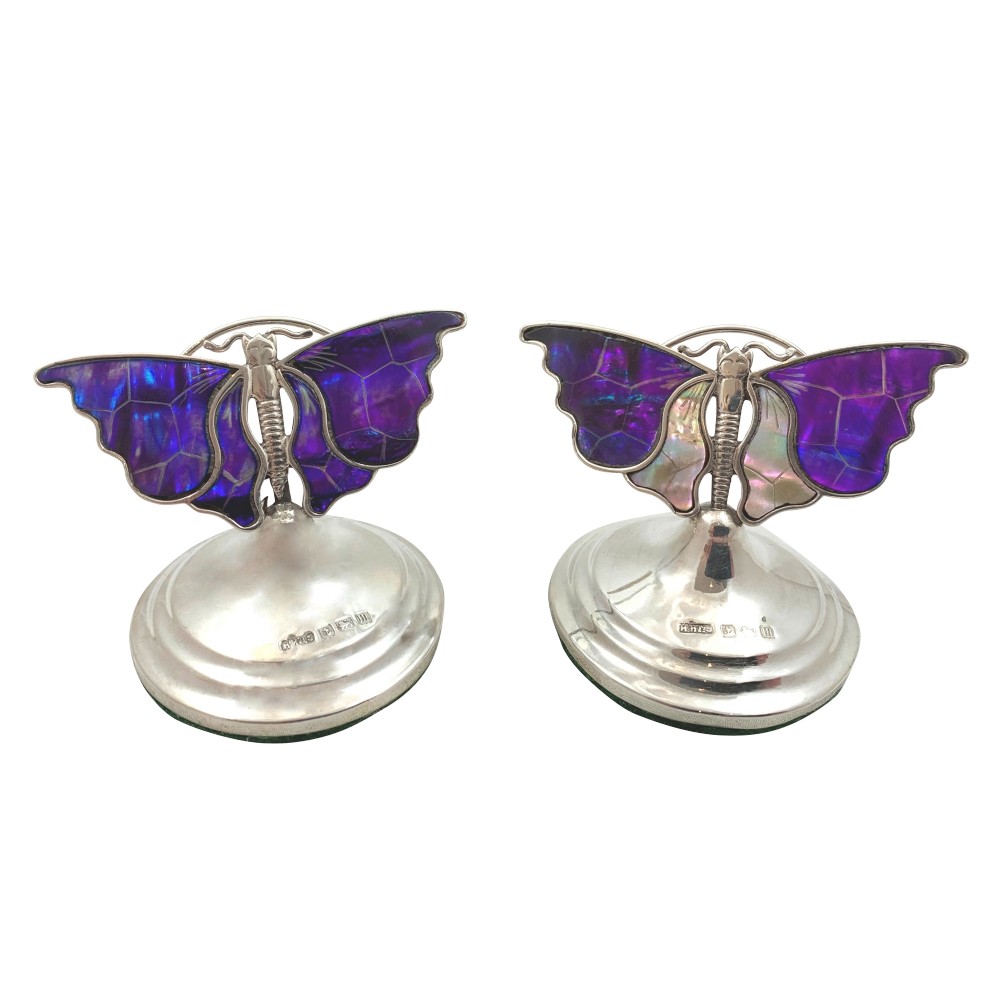 Pair of Antique Sterling Silver & Mother of Pearl Butterfly Menu Holders 1911