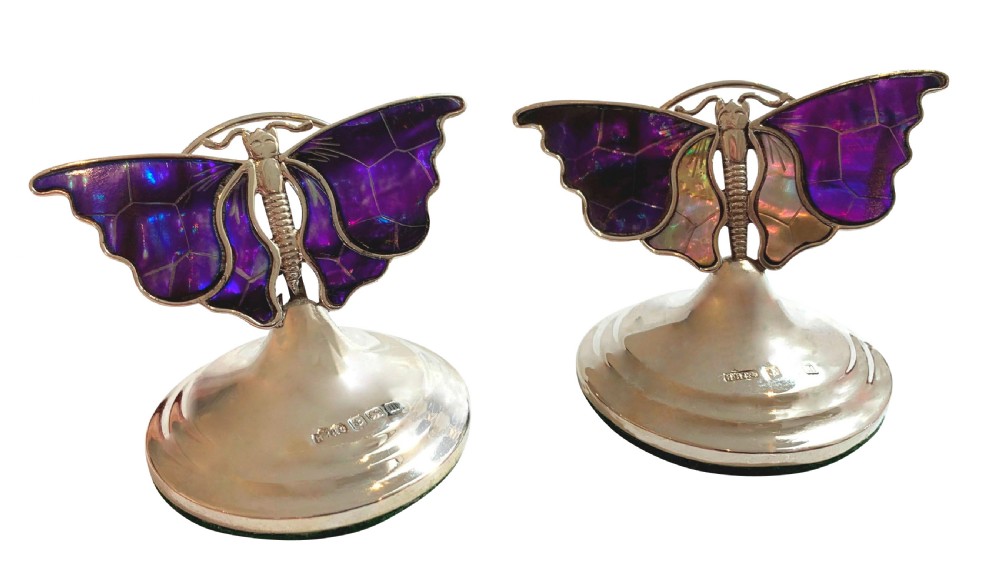 Pair of Antique Sterling Silver & Mother of Pearl Butterfly Menu Holders 1911 View VII