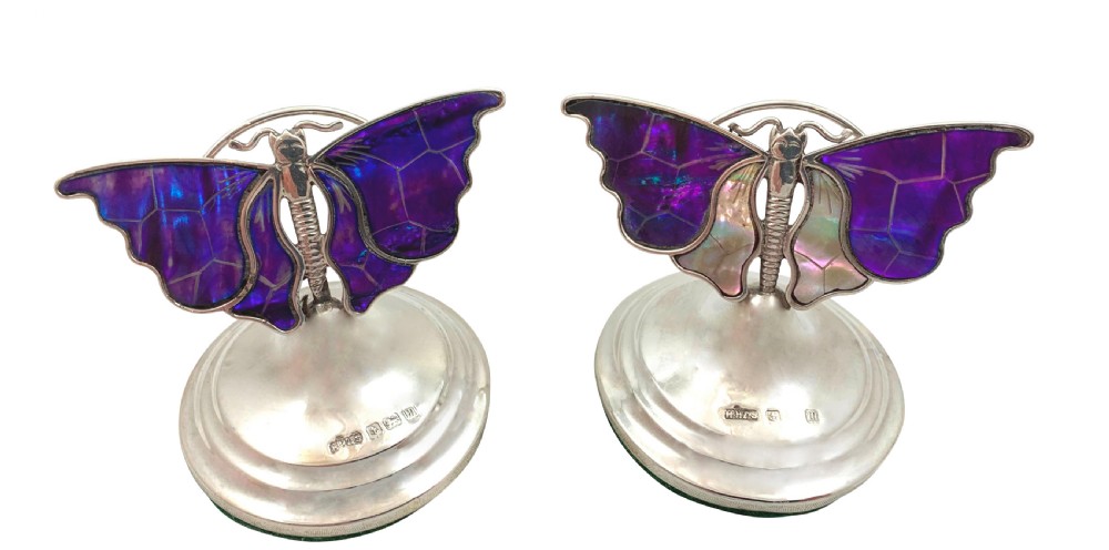 Pair of Antique Sterling Silver & Mother of Pearl Butterfly Menu Holders 1911 View IX