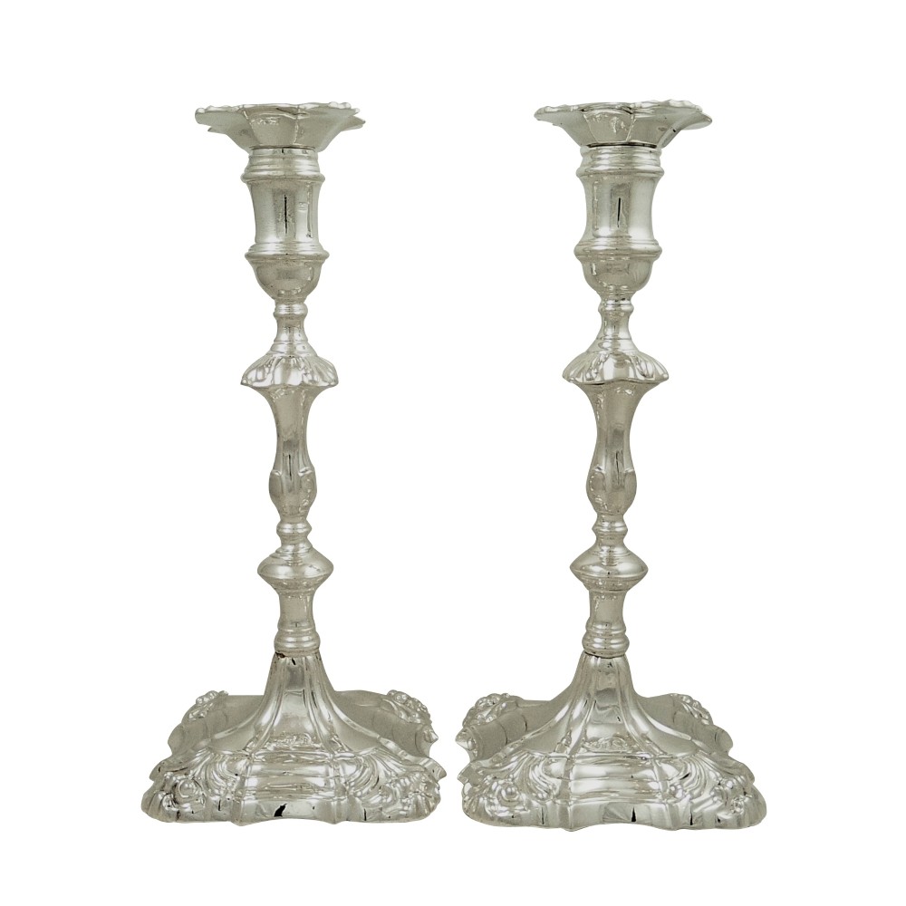 Pair of Antique Georgian Cast Sterling Silver Candlesticks 1756