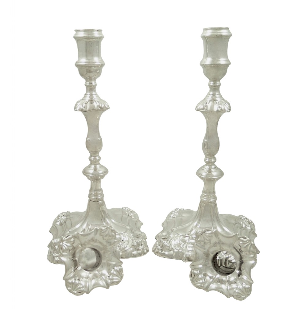 Pair of Antique Georgian Cast Sterling Silver Candlesticks 1756 View II