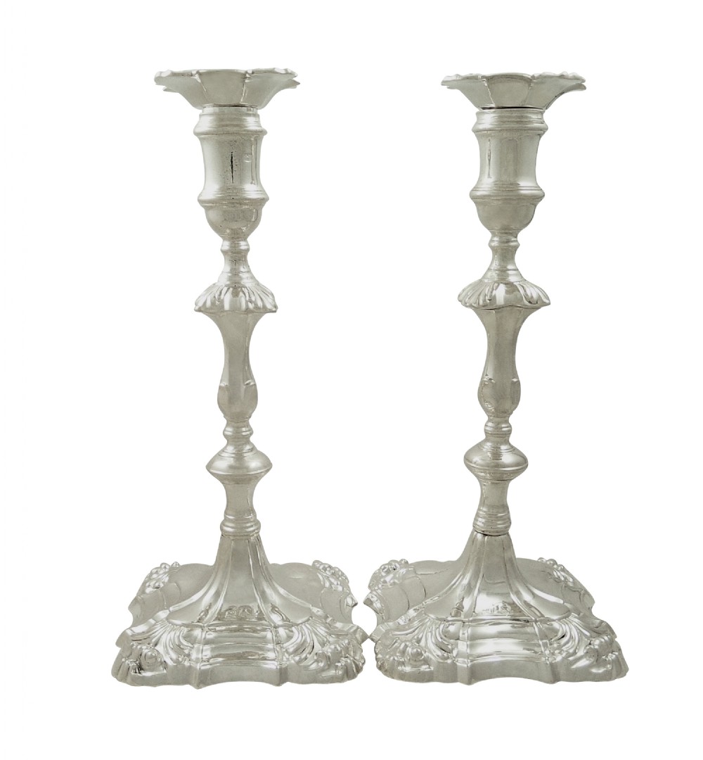 Pair of Antique Georgian Cast Sterling Silver Candlesticks 1756 View VIII