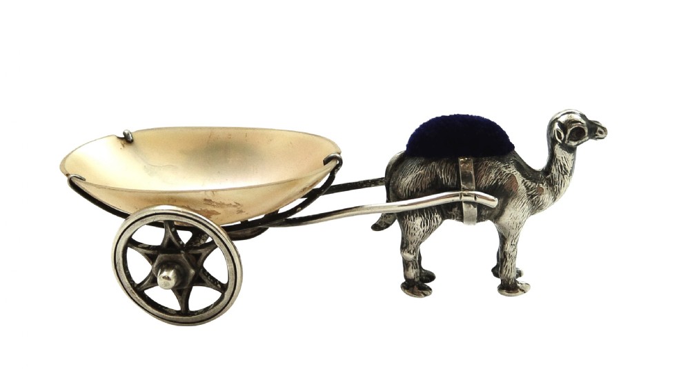 Antique Edwardian Sterling Silver Camel with Cart Pin Cushion 1909 View VI