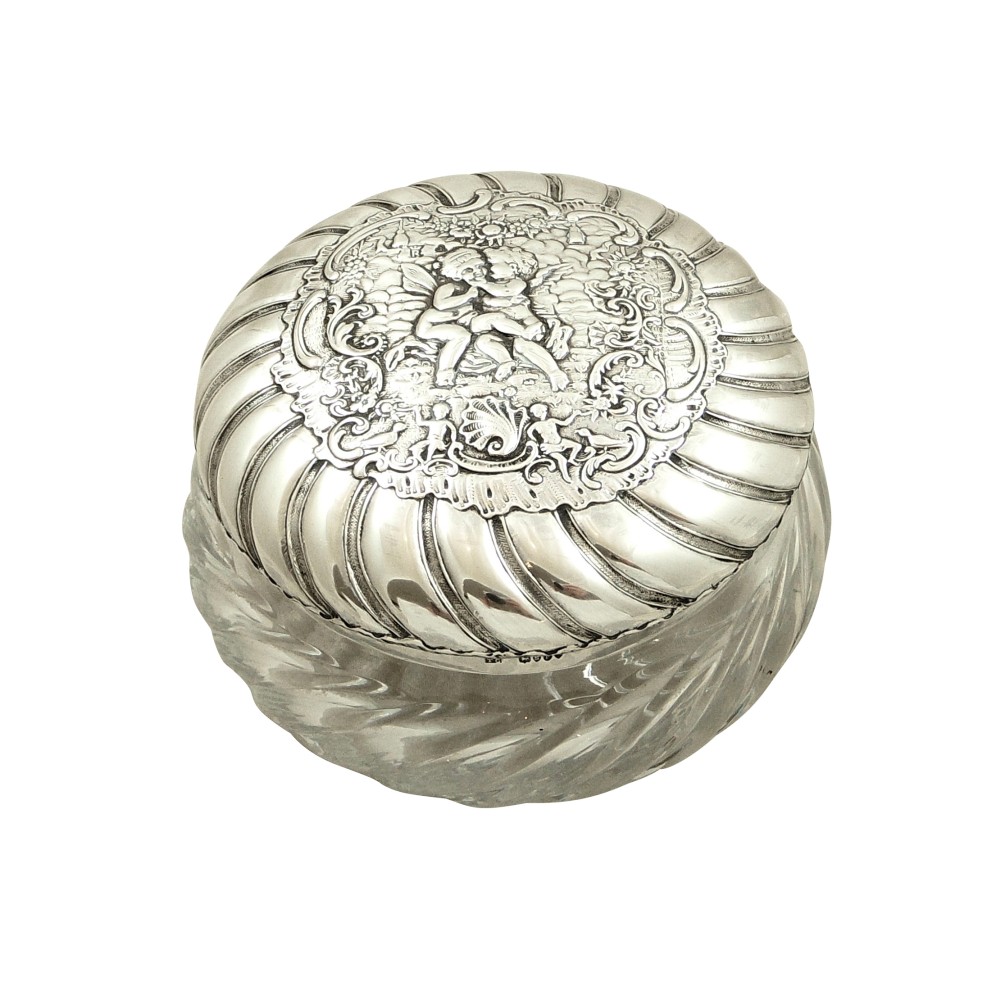 Antique Victorian Sterling Silver & Glass 'Cherub' Vanity Pot / Jar 1896