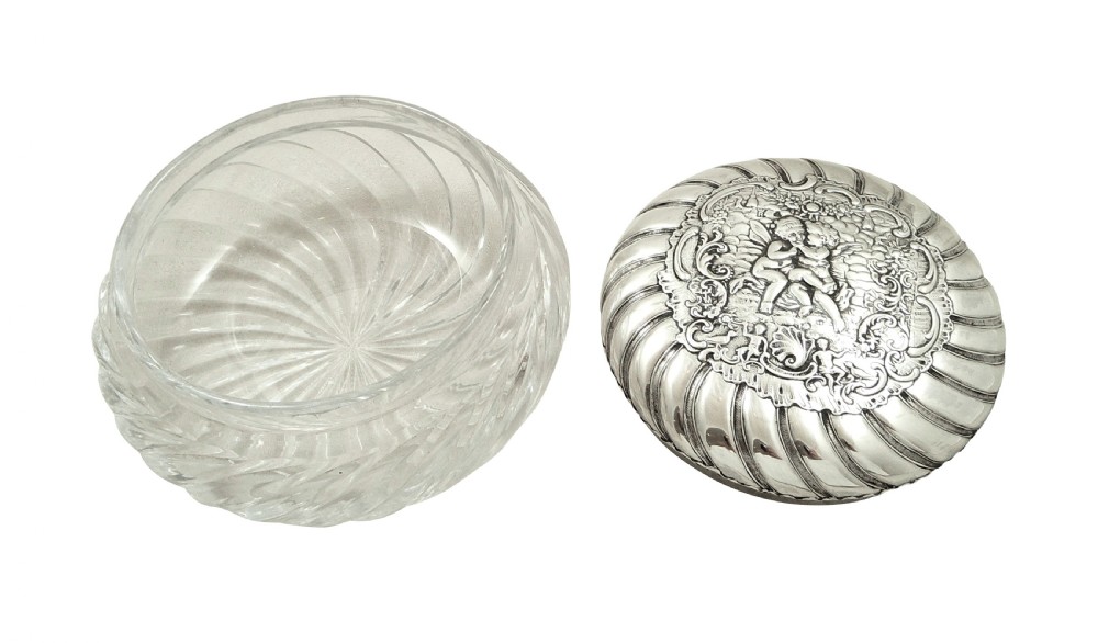 Antique Victorian Sterling Silver & Glass 'Cherub' Vanity Pot / Jar 1896 View II