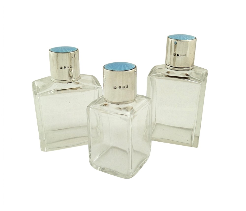 Set of 3 Antique Sterling Silver & Blue Enamel Vanity Jars 1935 View II