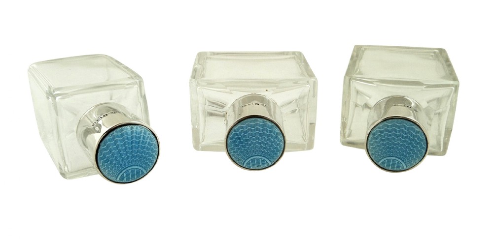 Set of 3 Antique Sterling Silver & Blue Enamel Vanity Jars 1935 View VI