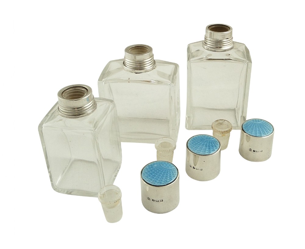 Set of 3 Antique Sterling Silver & Blue Enamel Vanity Jars 1935 View VII