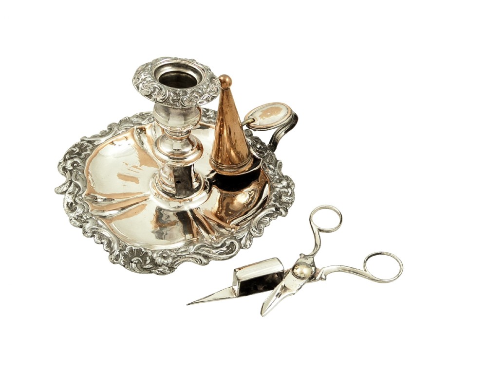 Antique Regency Sheffield Plate Chamberstick with Snuffer & Scissors c1820 View V
