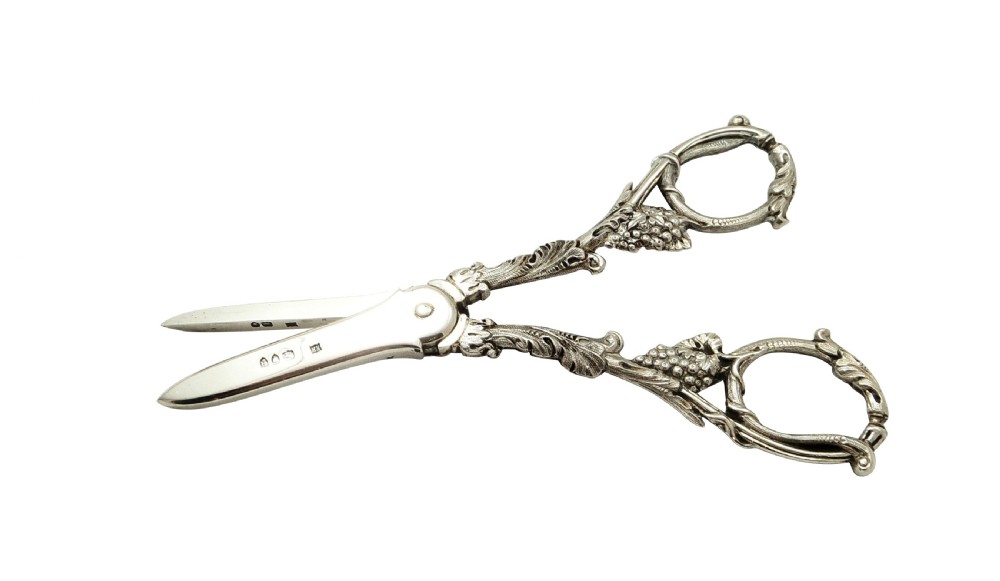 Antique Victorian Sterling Silver Grape Shears / Scissors in Case 1892 View IV