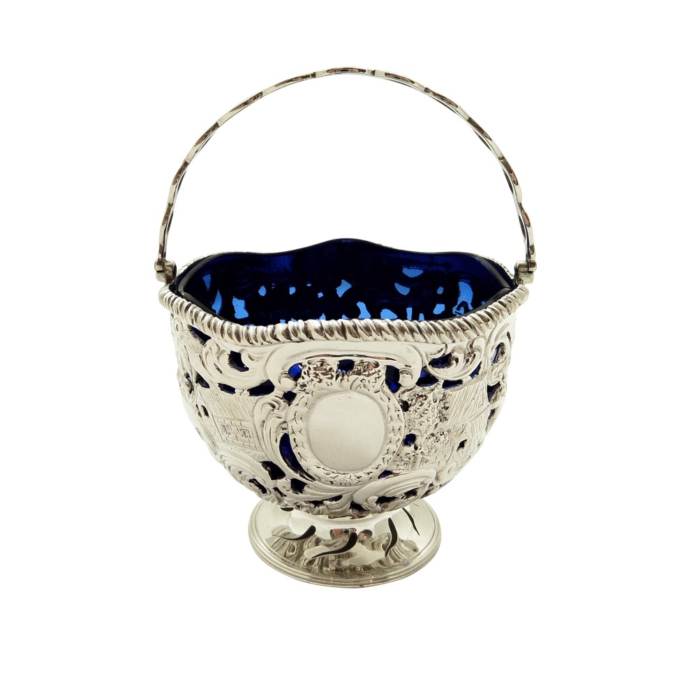 Antique Sterling Silver Basket with Scenes & Blue Glass Liner 1901