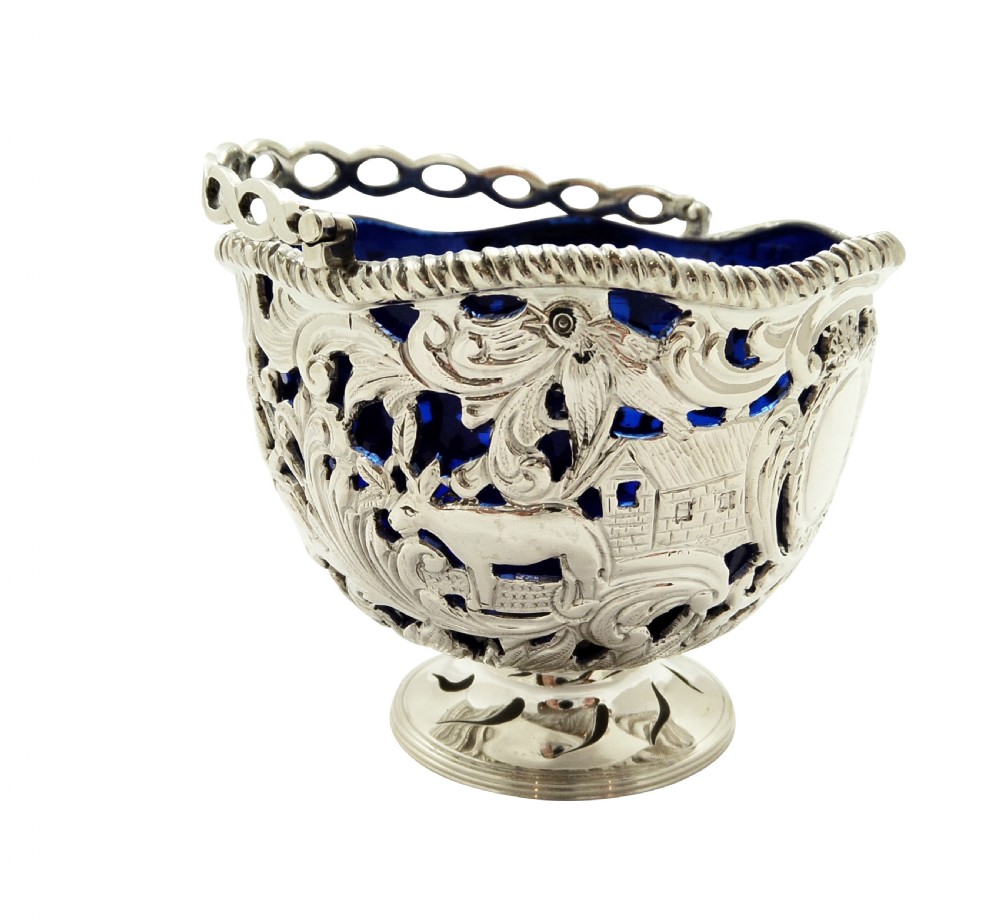 Antique Sterling Silver Basket with Scenes & Blue Glass Liner 1901 View II