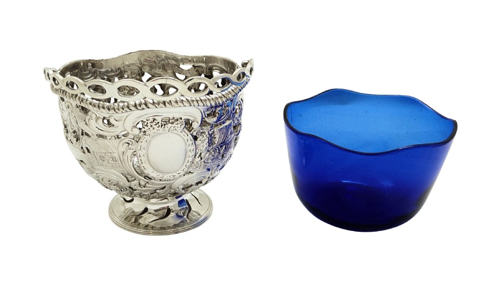 Antique Sterling Silver Basket with Scenes & Blue Glass Liner 1901 View IV