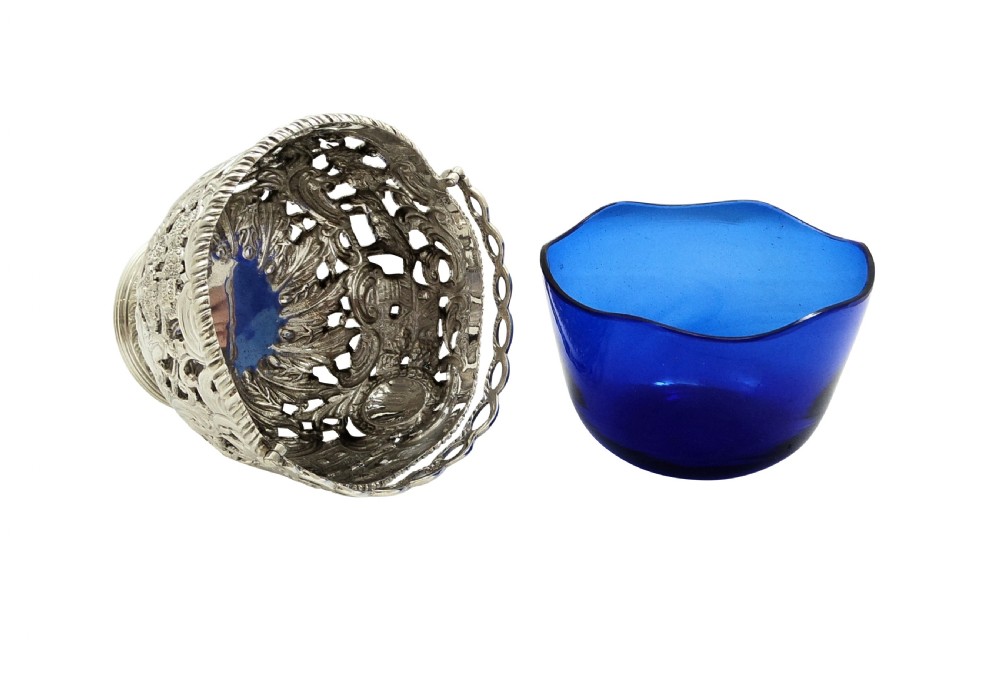 Antique Sterling Silver Basket with Scenes & Blue Glass Liner 1901 View VIII