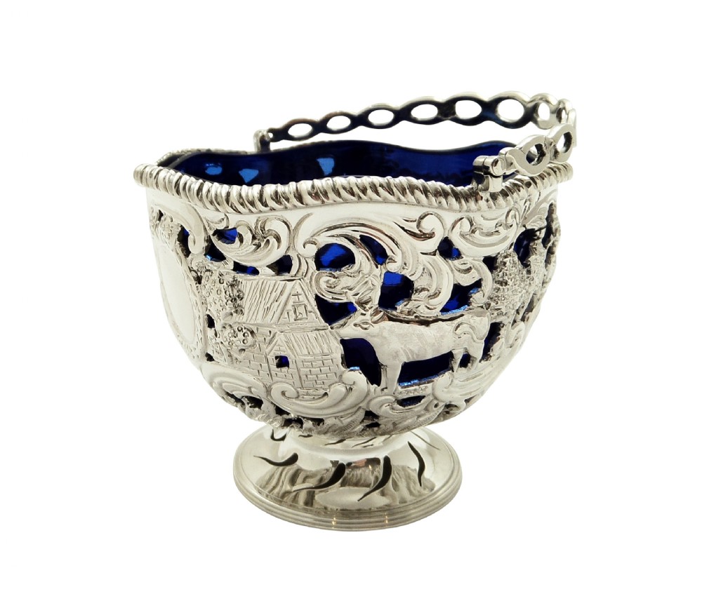Antique Sterling Silver Basket with Scenes & Blue Glass Liner 1901 View IX