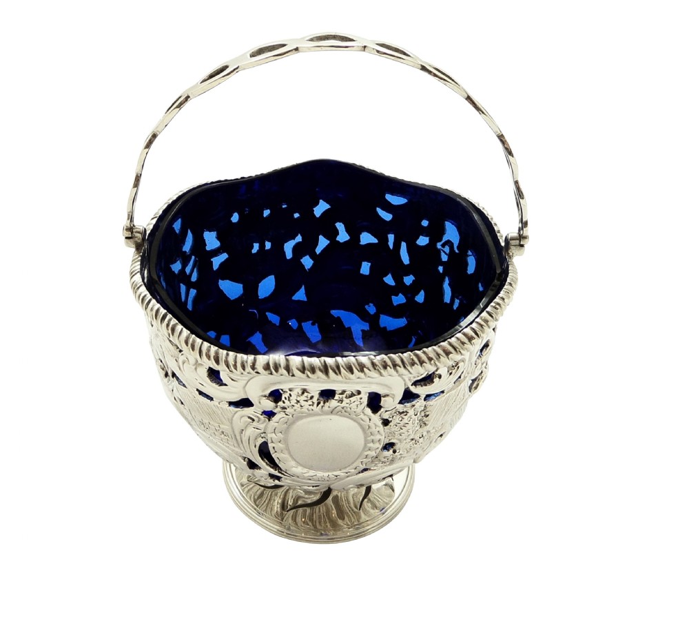 Antique Sterling Silver Basket with Scenes & Blue Glass Liner 1901 View XI