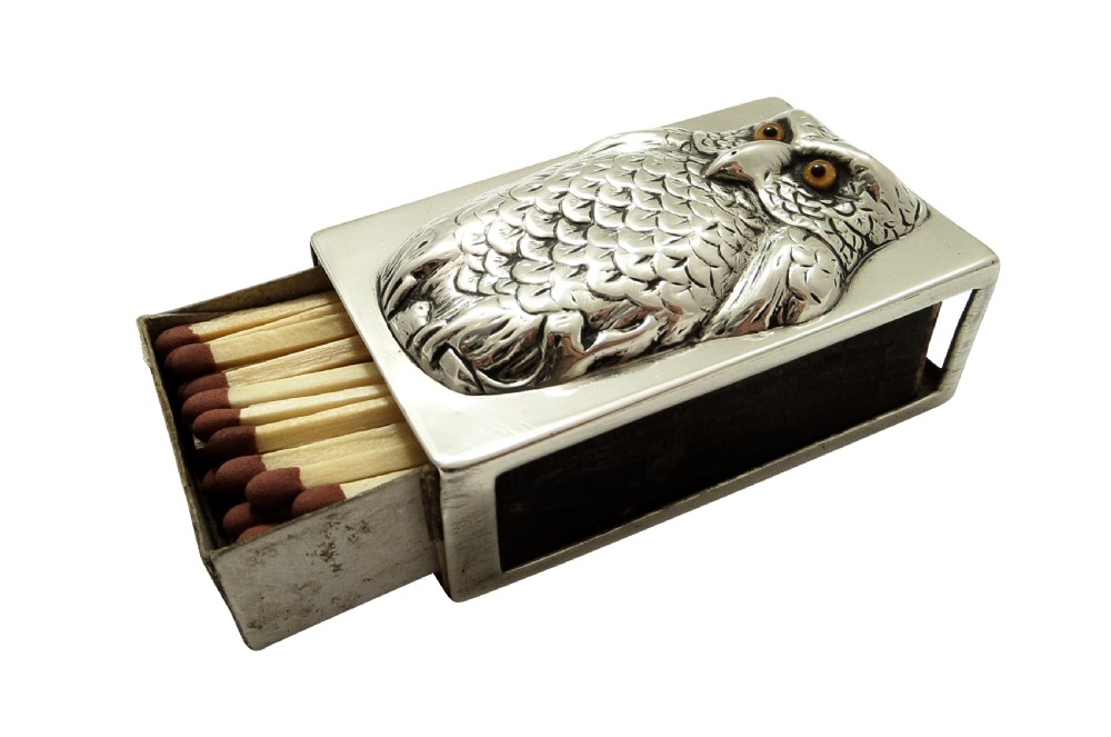 Unusual Antique Edwardian Sterling Silver Owl Match Box Holder 1903 View III