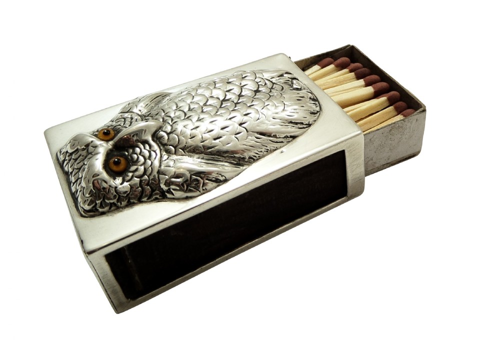 Unusual Antique Edwardian Sterling Silver Owl Match Box Holder 1903 View VI