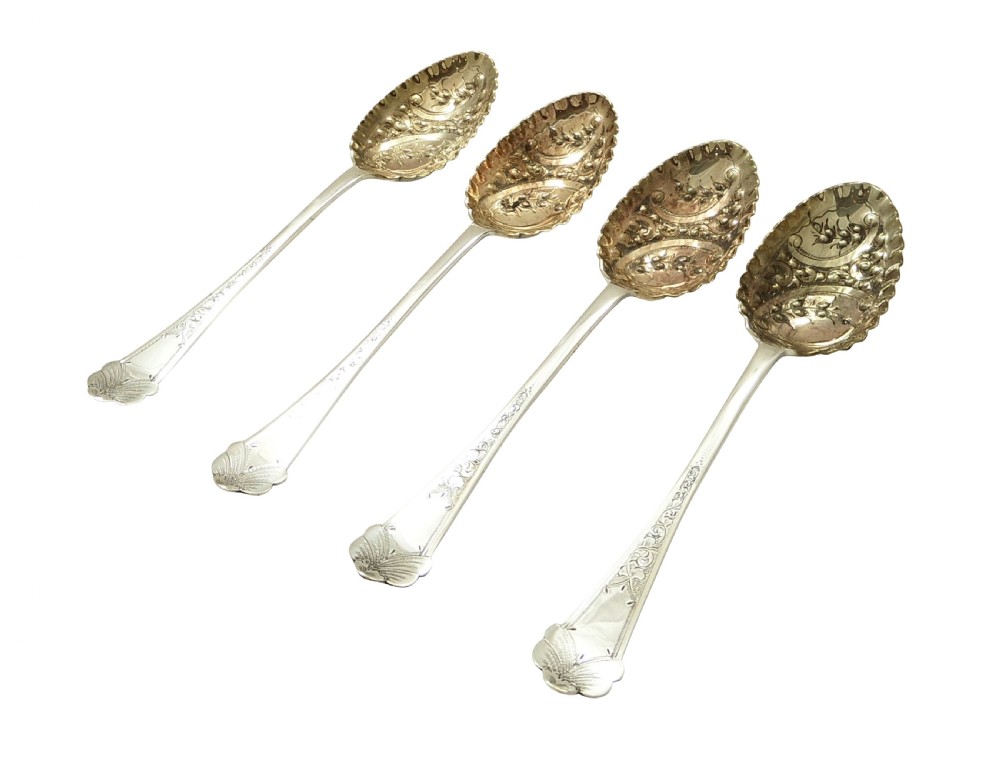 Set of 4 Antique Victorian Sterling Silver Berry Serving Spoons 1898 View IV