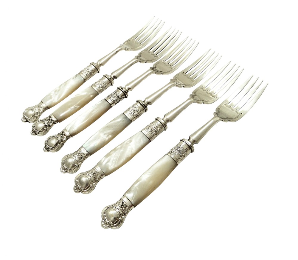 Set 6 Antique Edwardian Sterling Silver & Mother of Pearl Desert Forks 1903/1904 View II