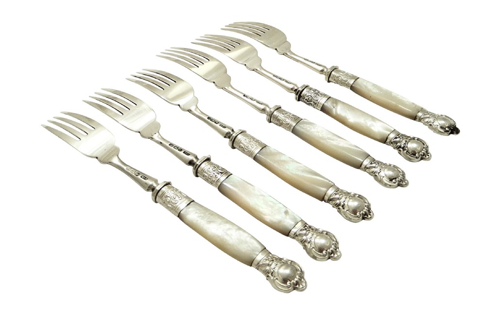 Set 6 Antique Edwardian Sterling Silver & Mother of Pearl Desert Forks 1903/1904 View VI