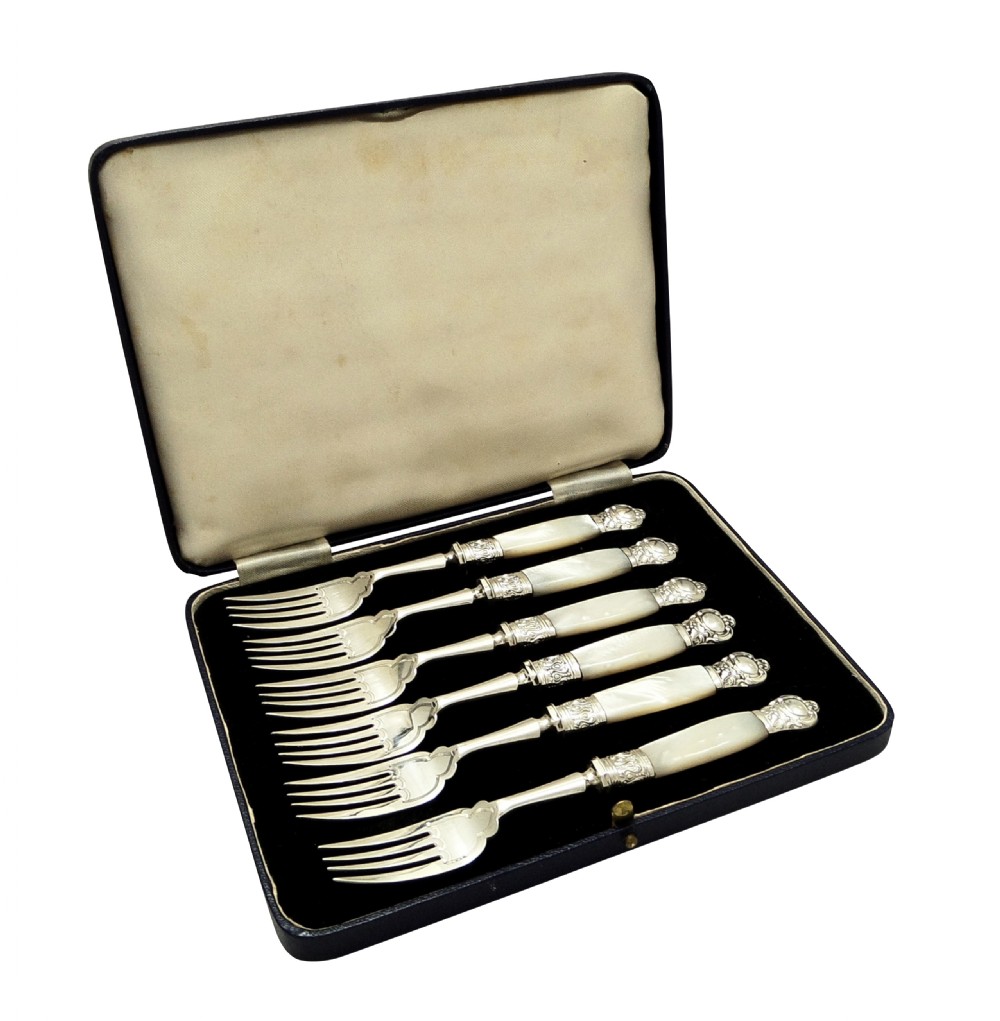 Set 6 Antique Edwardian Sterling Silver & Mother of Pearl Desert Forks 1903/1904 View X