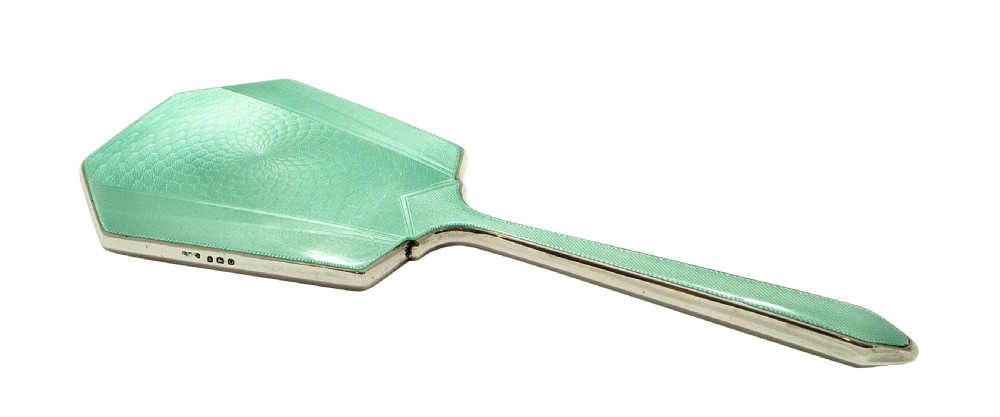 Genuine Vintage Art Deco Sterling Silver & Green Enamel Hand Mirror 1938 View VI
