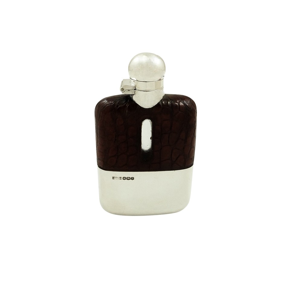 Antique Sterling Silver & Crocodile Leather Hip  Flask 1924