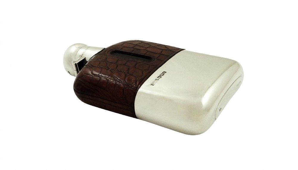 Antique Sterling Silver & Crocodile Leather Hip  Flask 1924 View III